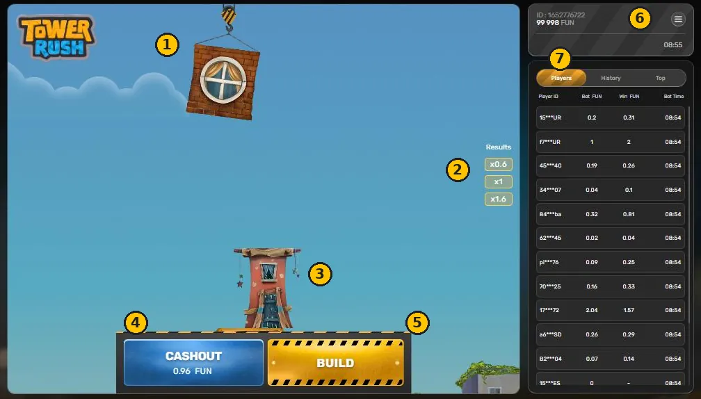 Tower Rush antarmuka dengan nomor 1 sampai 7: crane, Results, menara, CASHOUT, BUILD, saldo dan tab Players