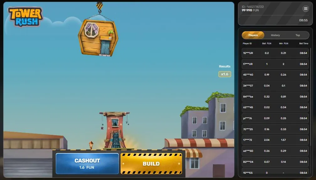 Tower Rush CASHOUT 1.6 Fun setelah lantai pertama dengan odds x1.6