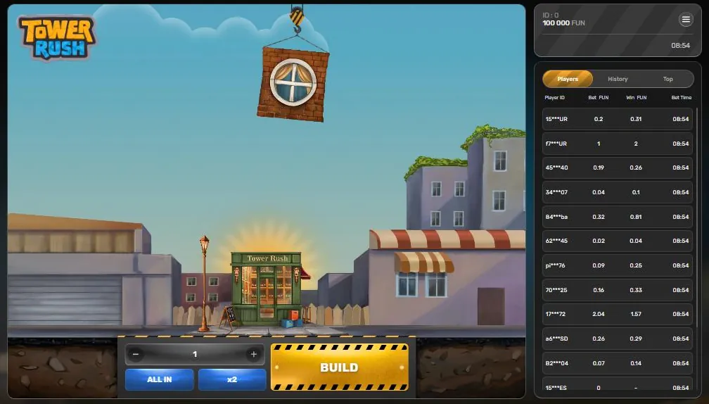 Tower Rush layar awal: panel taruhan ALL IN, x2 dan tombol BUILD Tower Rush layar awal: panel taruhan ALL IN, x2 dan tombol BUILD
