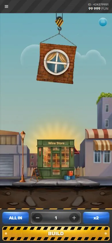 Tower Rush demo mobile: lantai kayu tergantung di crane sebelum jatuh