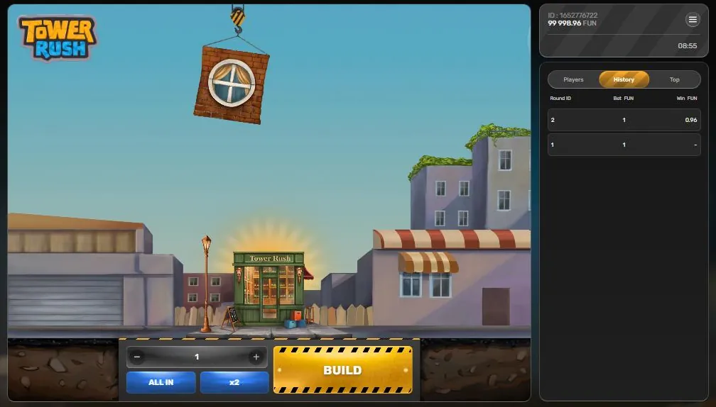 Tower Rush tab History dengan riwayat taruhan dan hasil putaran